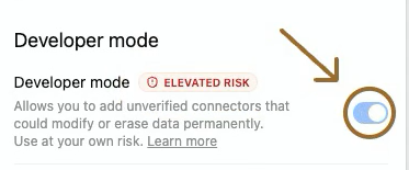ChatGPT's Security and login settings with the Developer mode switch turned on