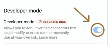 ChatGPT's Security and login settings with the Developer mode switch turned on