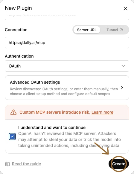 ChatGPT's New Plugin form with https://dally.ai/mcp as the server URL, OAuth chosen, the acknowledgement checked and Create circled