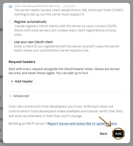 The second screen of Claude's Add custom connector dialog, with the default sign-in choice kept and Add circled