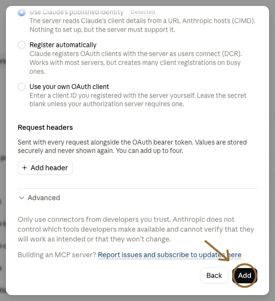 The second screen of Claude's Add custom connector dialog, with the default sign-in choice kept and Add circled