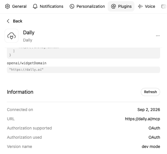 ChatGPT's Dally plugin settings, with Refresh beside the Information heading