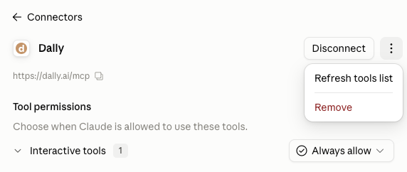 Claude's Dally connector page, with Refresh tools list open in the menu