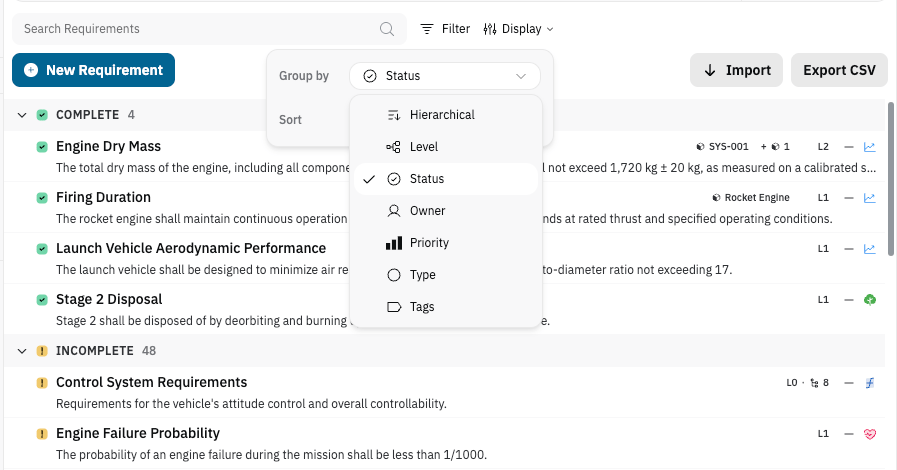 Grouping requirements by status, owner, priority, and systems