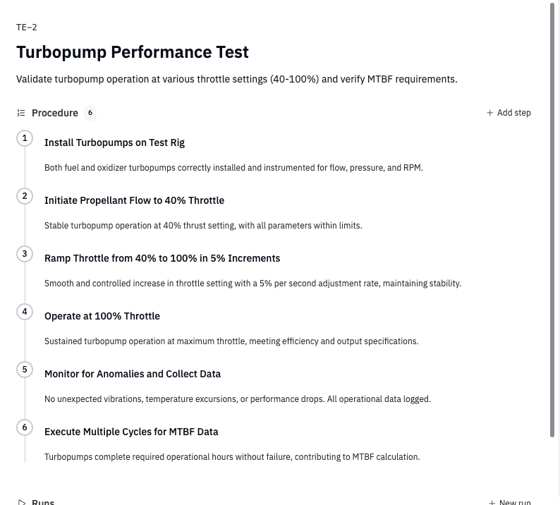 Test procedure steps