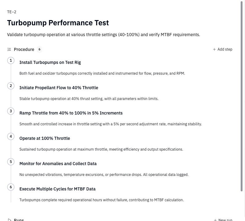 Test procedure steps