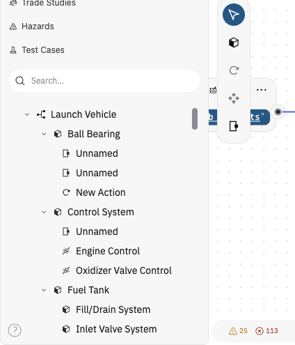 Left sidebar showing model hierarchy