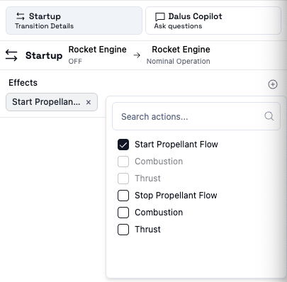 Assigning an action node as an effect to a transition in the right sidebar