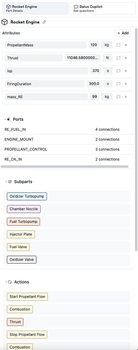 Right sidebar showing part properties and sub-components