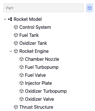 Left sidebar showing hierarchical model structure filtered to display parts only