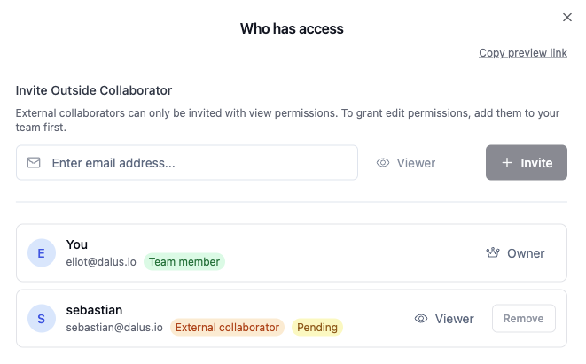 Share model dialog for collaboration