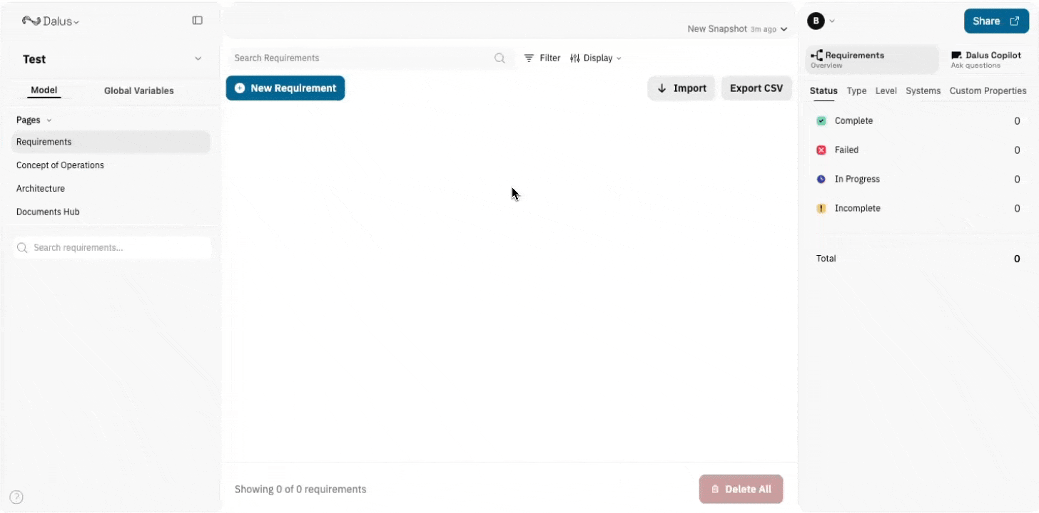 Creating a requirement from the Requirements Management page