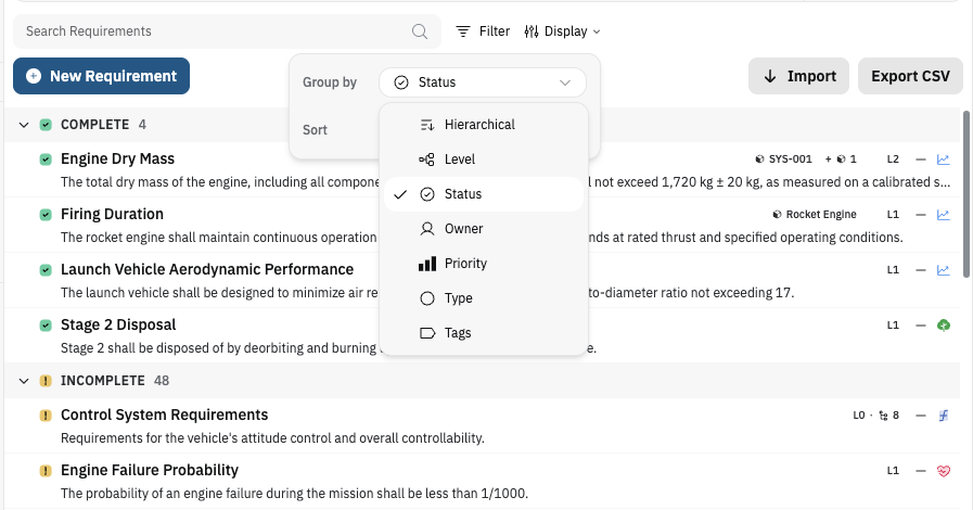 Grouping requirements by status, owner, priority, and systems