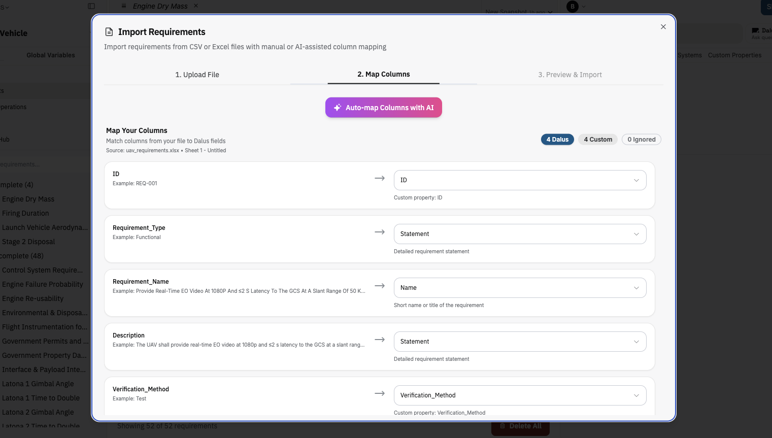 Importing requirements from Excel and mapping columns