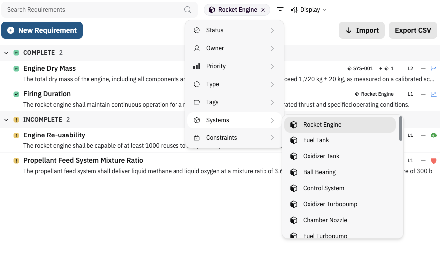 Filtering the requirements table by multiple criteria