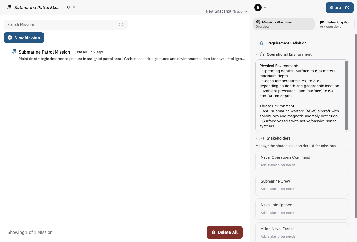 Mission Planning workspace