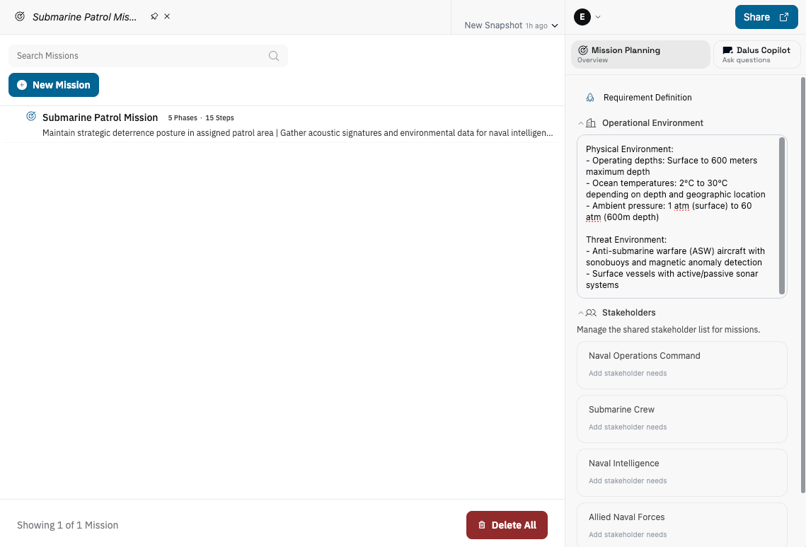 Mission Planning workspace