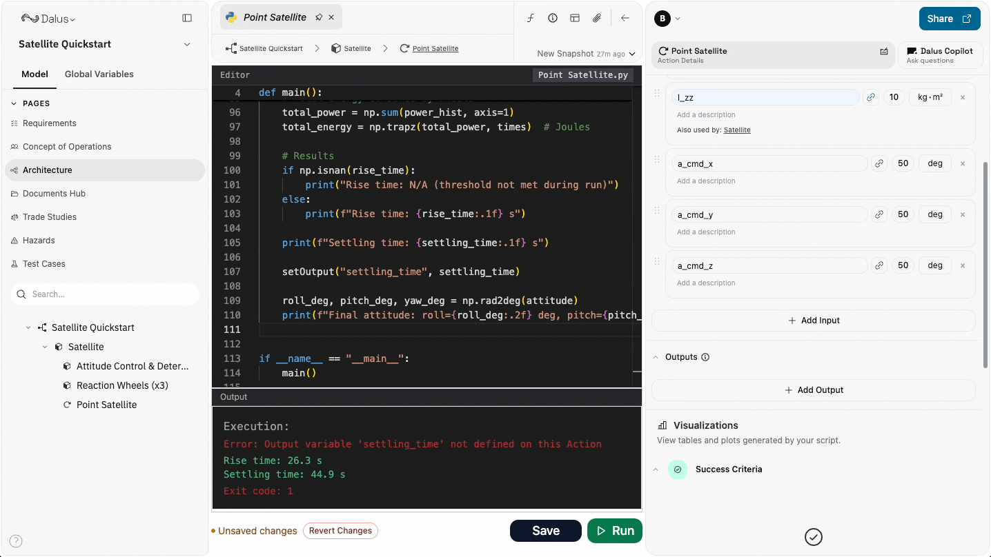 Adding settling_time output and running the action