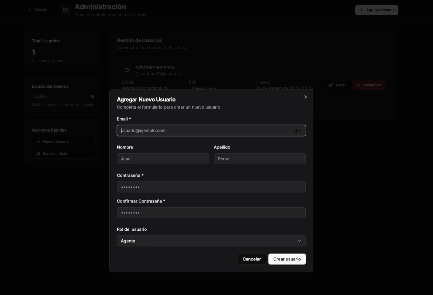 Modal para crear nuevo usuario