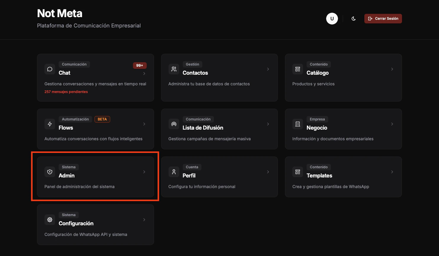 Panel de administración de NotMeta