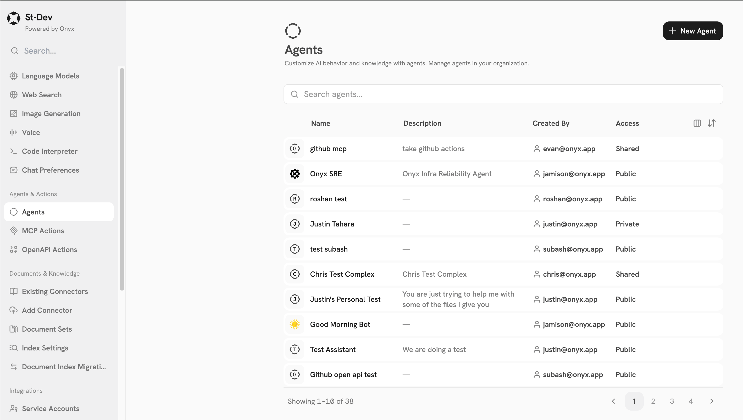 Onyx Agents Overview page showing available agents