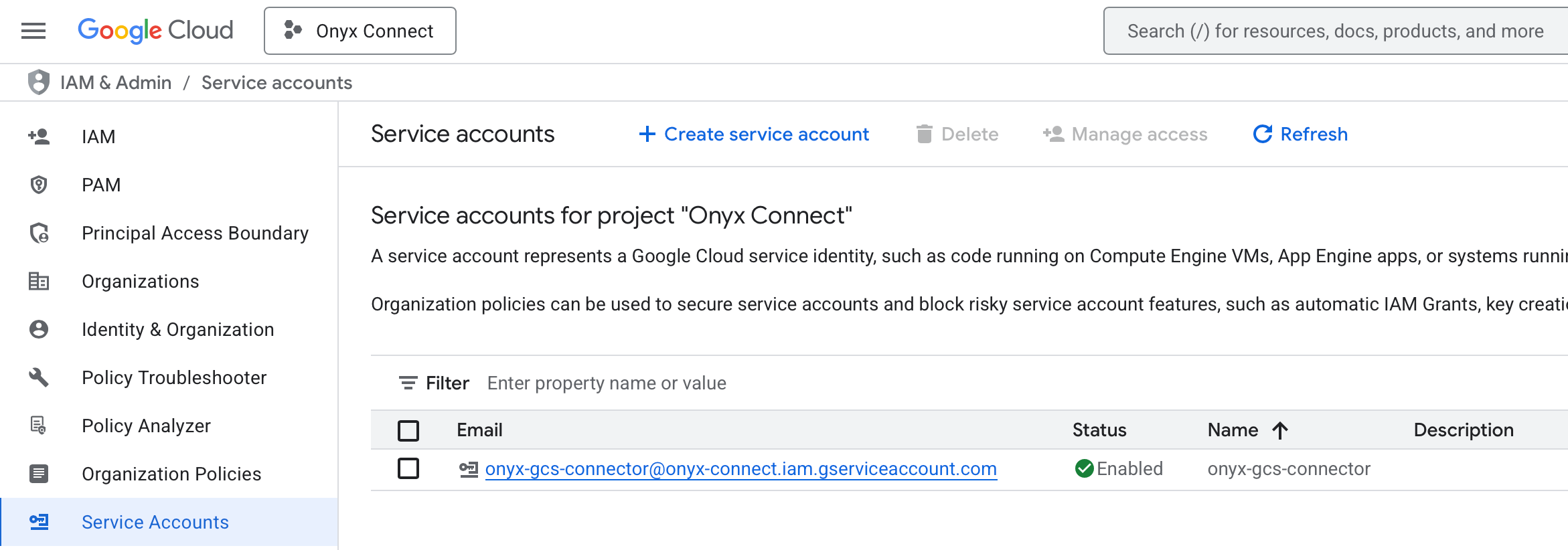 Google Cloud Console Service Accounts Page