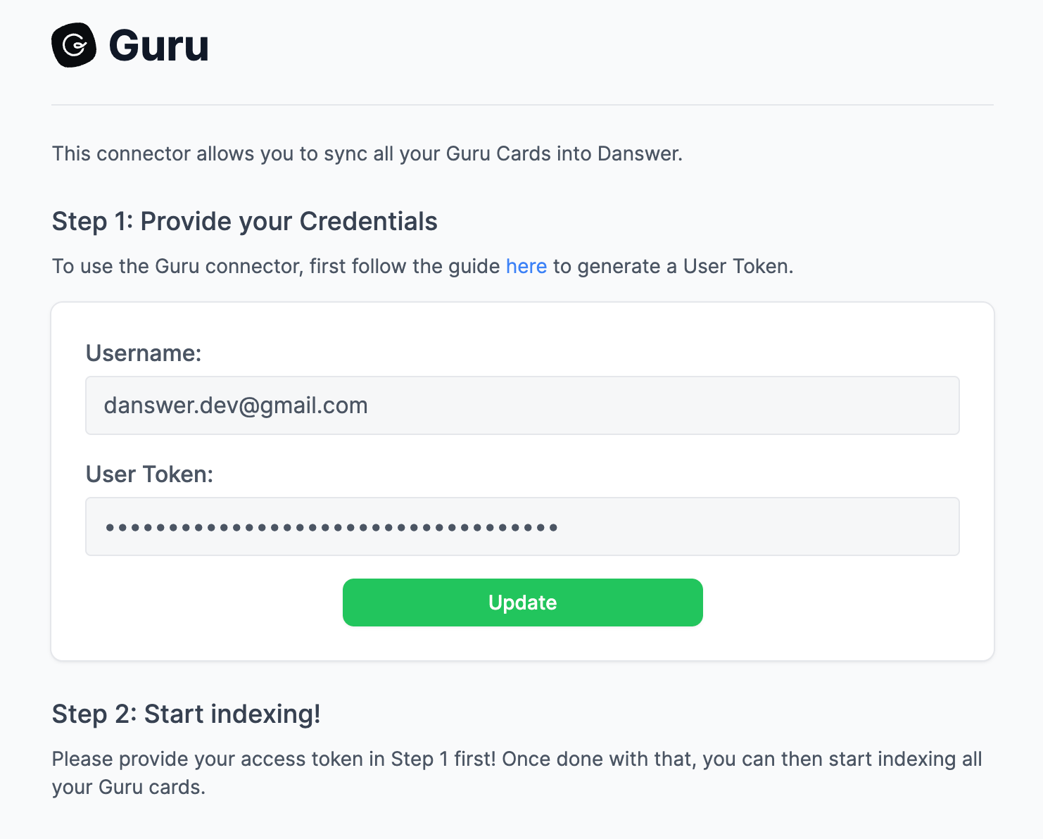 Onyx Guru connector credentials form with username and access token