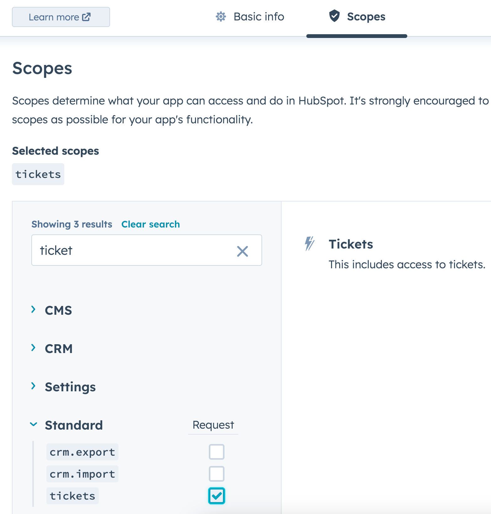 Selecting HubSpot OAuth scopes for Contacts, Companies, Deals, and Tickets