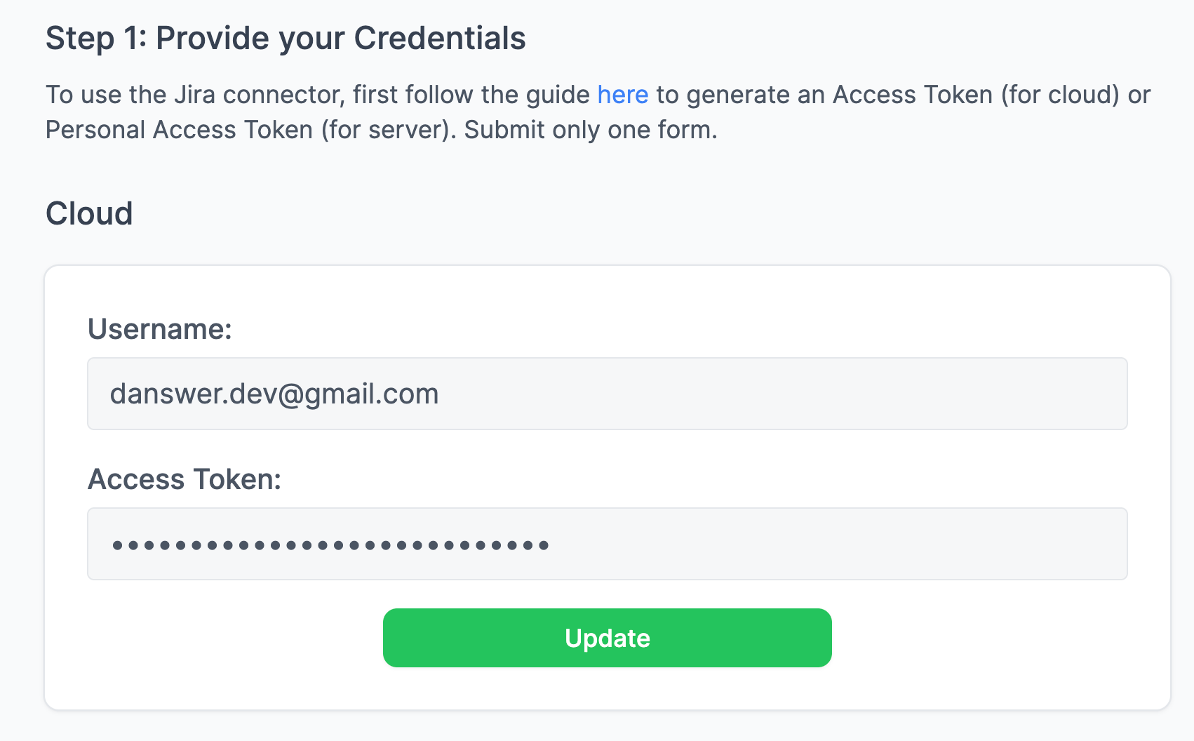 Onyx Jira Cloud connector authentication form