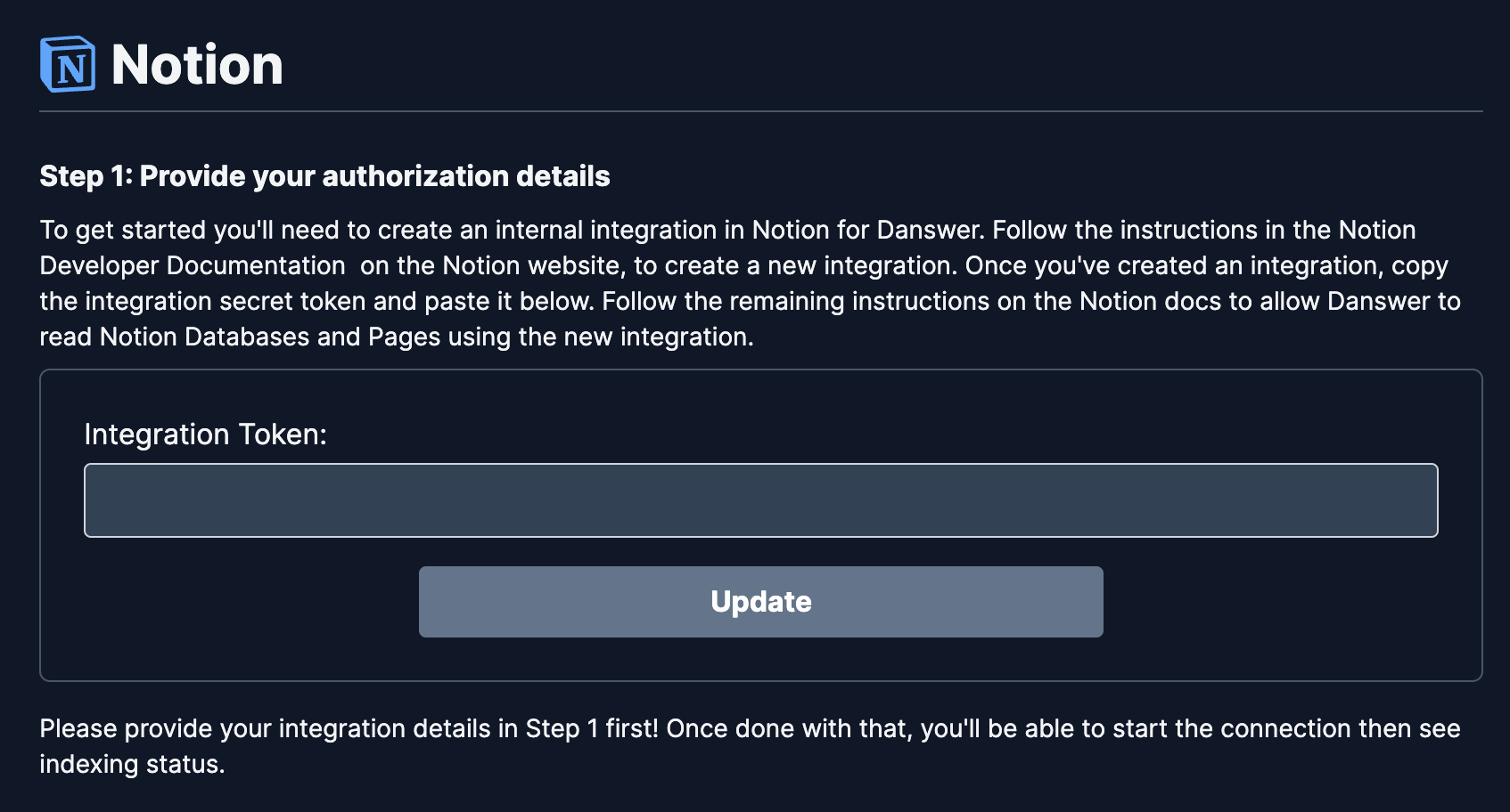 Onyx Notion connector authentication step to connect integration