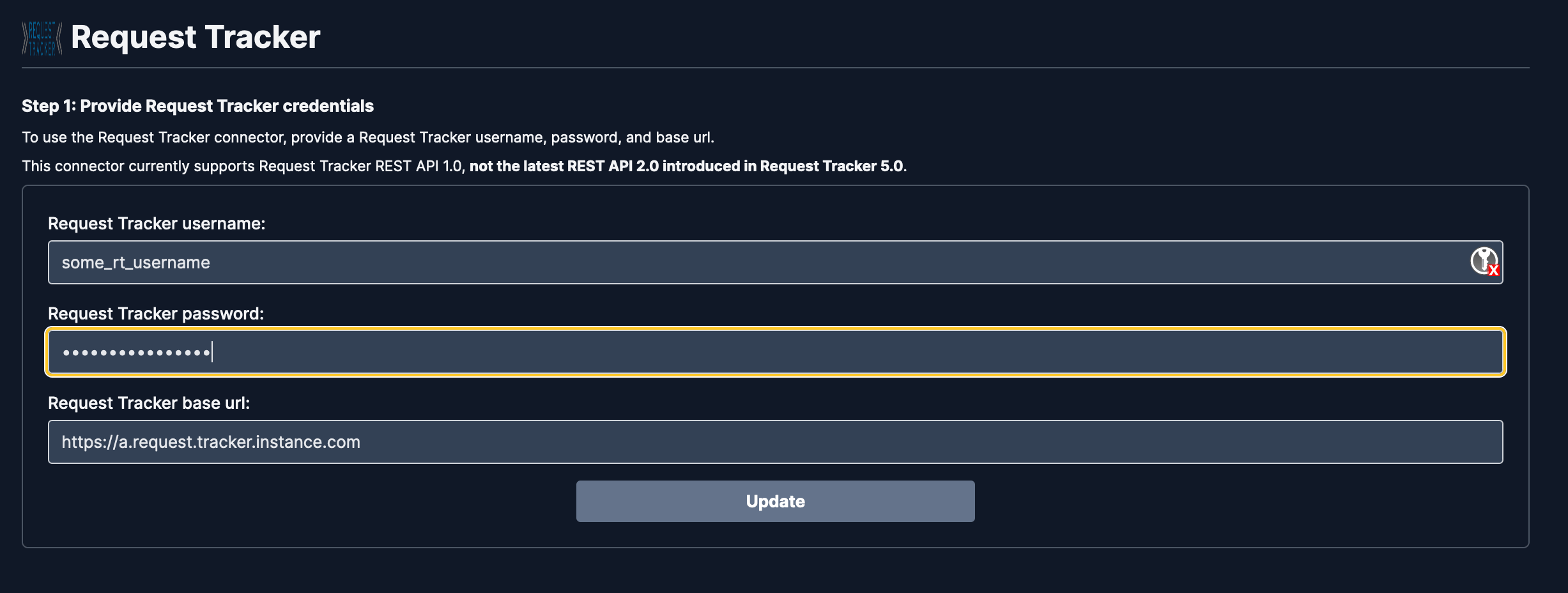 Onyx Request Tracker connector credentials form