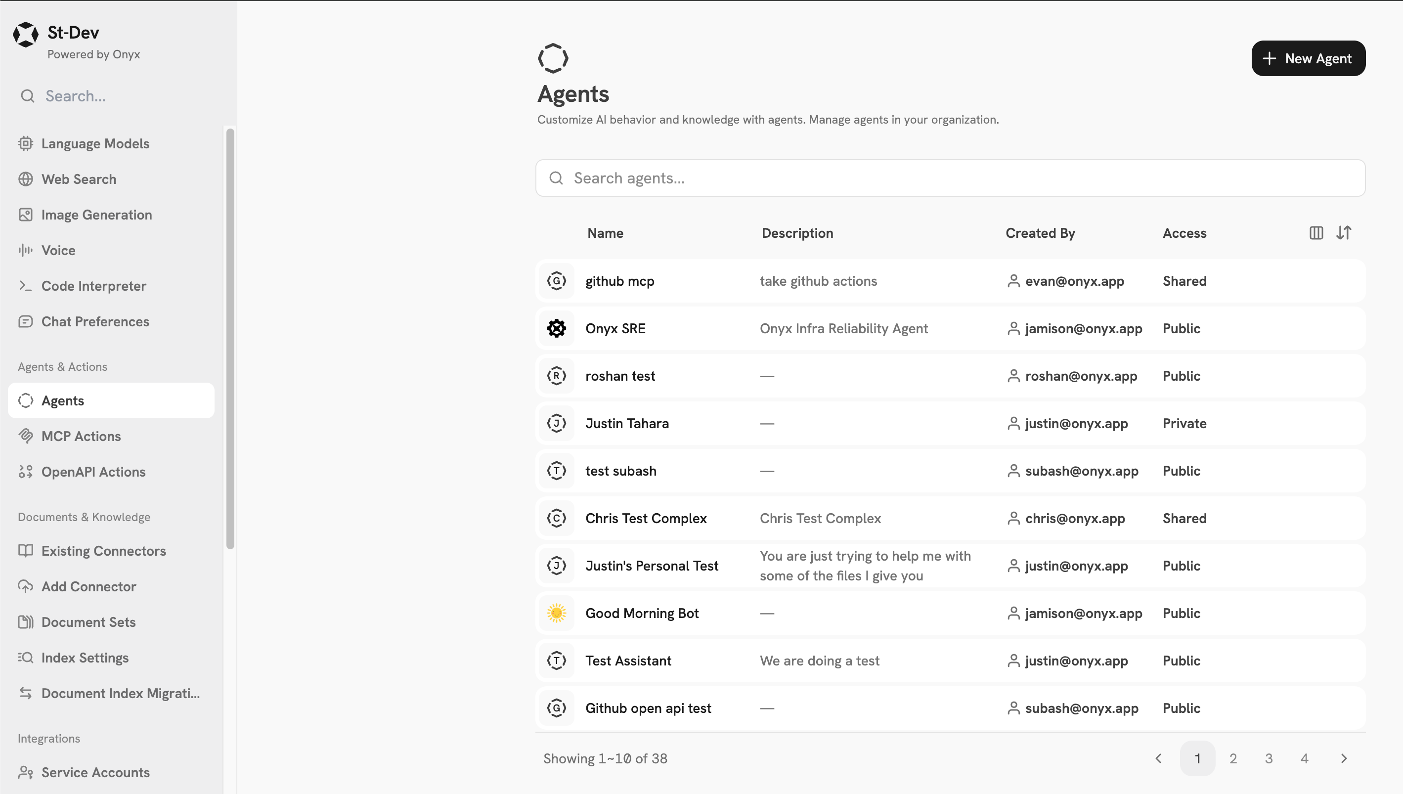 Onyx Agents Overview page showing available agents
