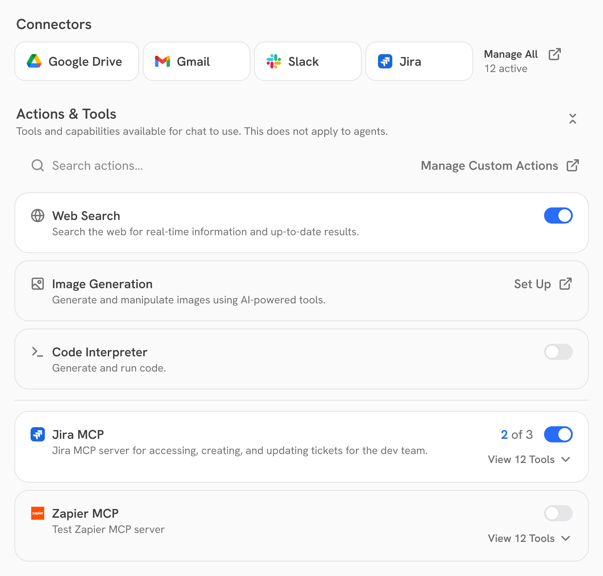 Connectors and Actions and Tools on Chat Preferences