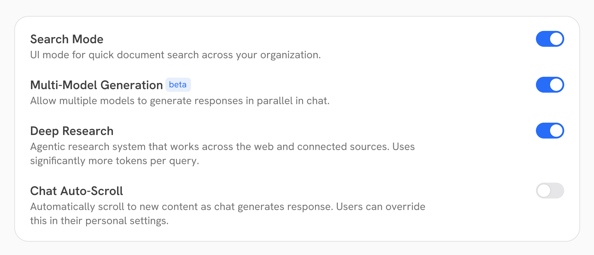 Chat Preferences feature switches for Search Mode, Multi-Model Generation, Deep Research, and Chat Auto-Scroll