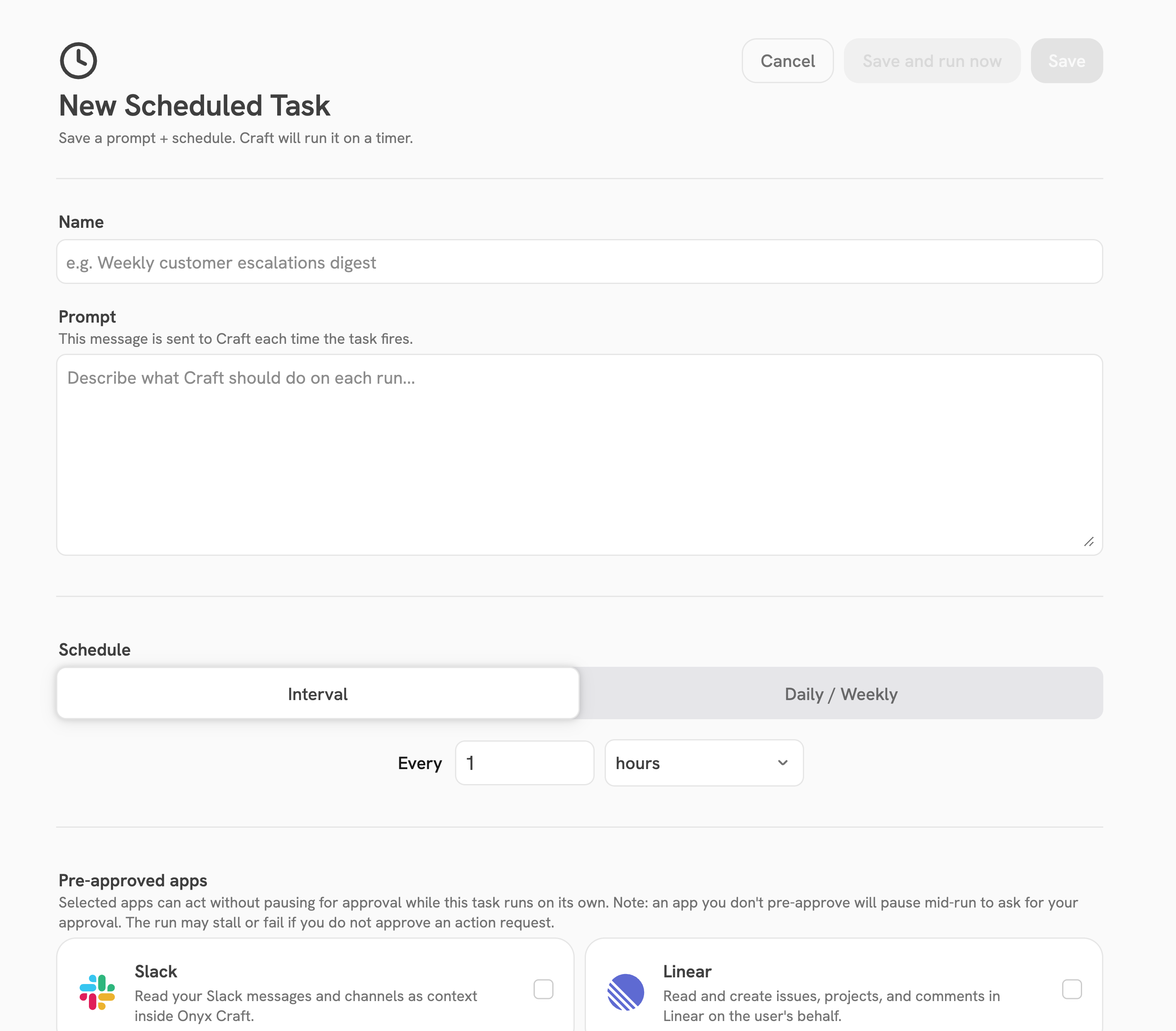 The New Scheduled Task form with name, prompt, schedule, and pre-approved Apps