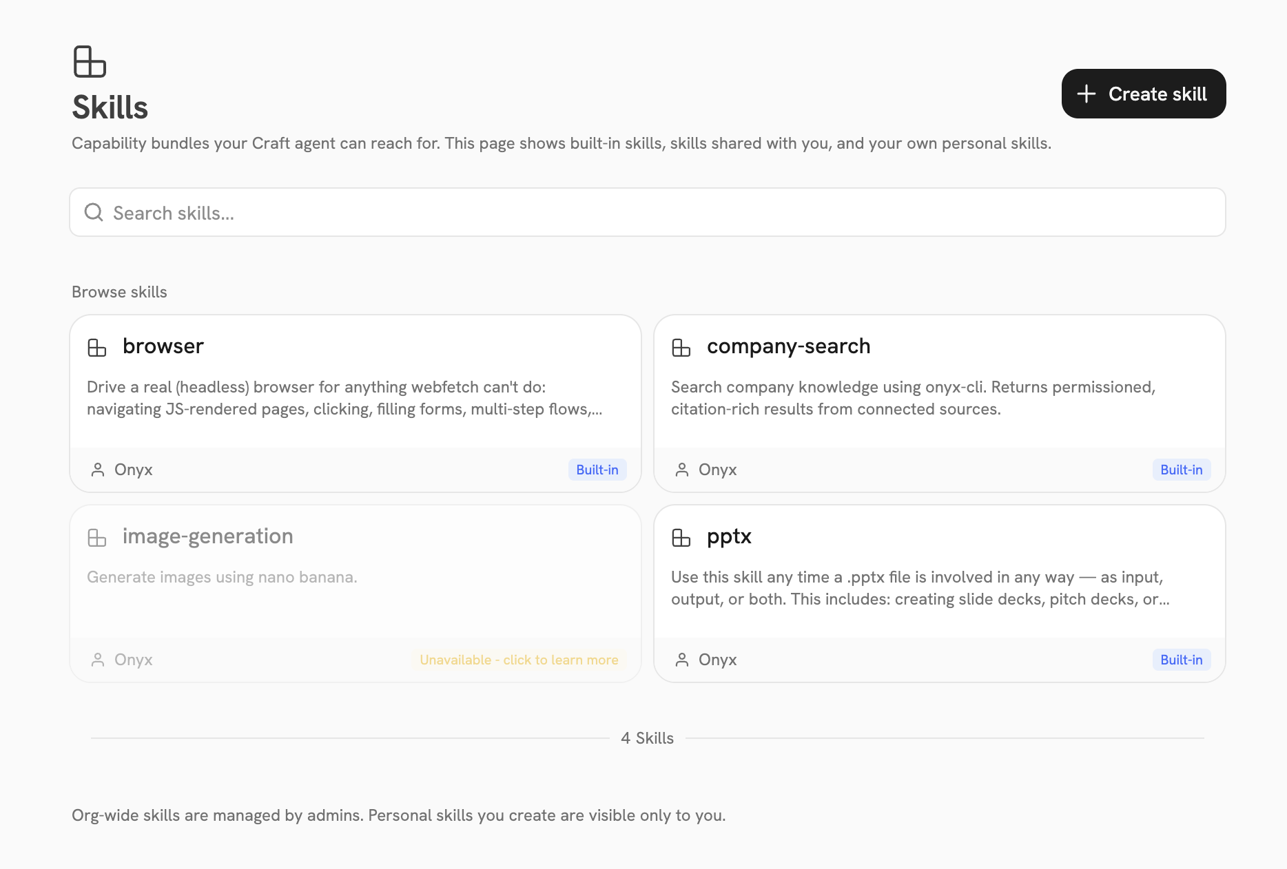 The Skills page in Craft