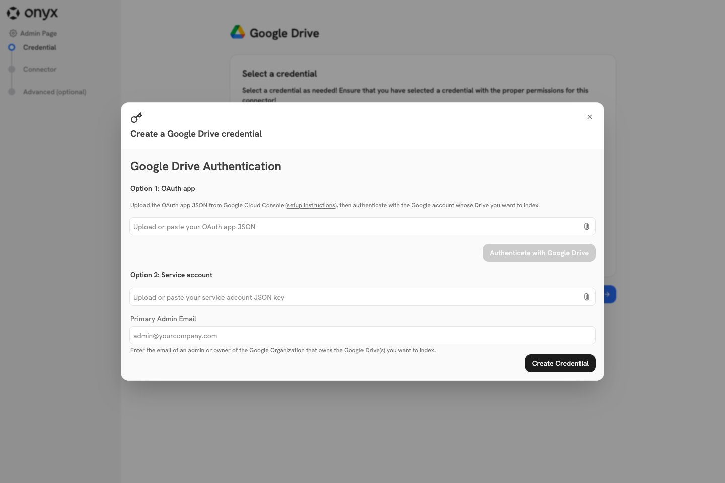Onyx Google Drive credential modal showing the OAuth app and service account options