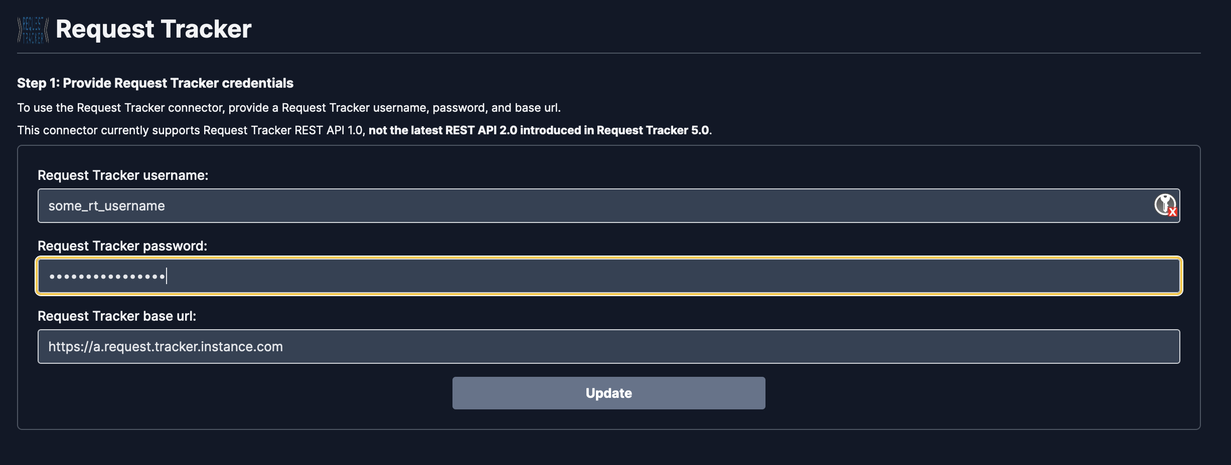 Onyx Request Tracker connector credentials form