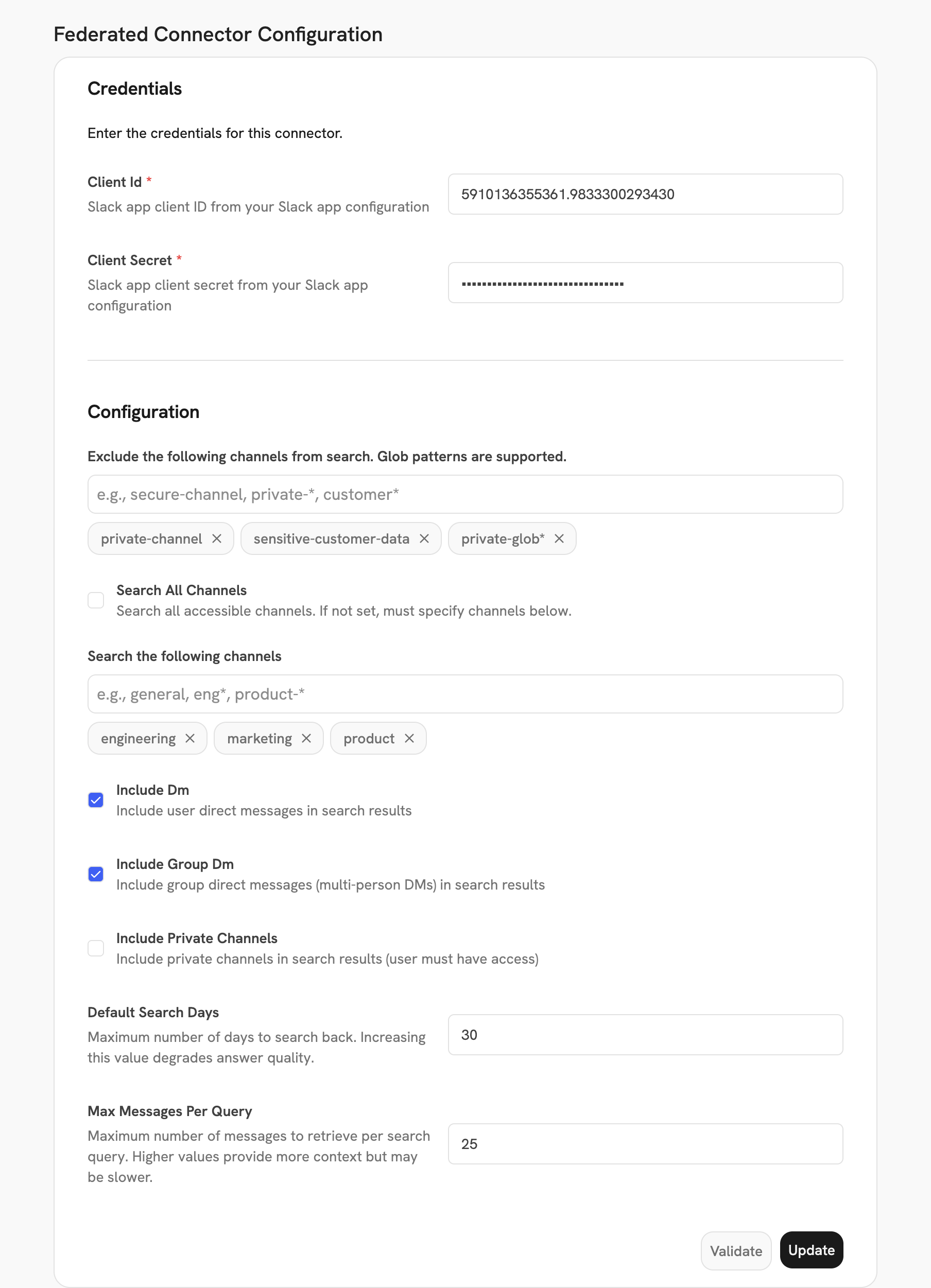 Onyx Slack Federated connector settings showing client credentials