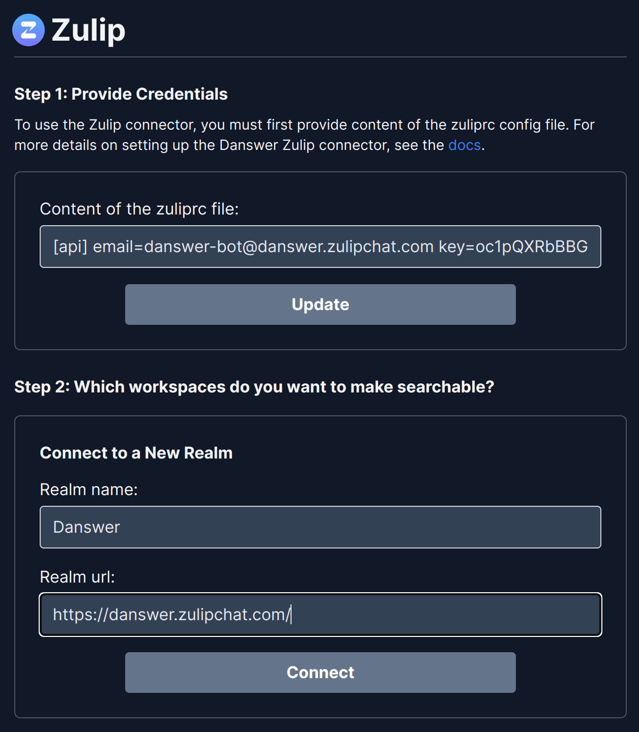 Onyx Zulip connector configuration with realm, URL, and zuliprc