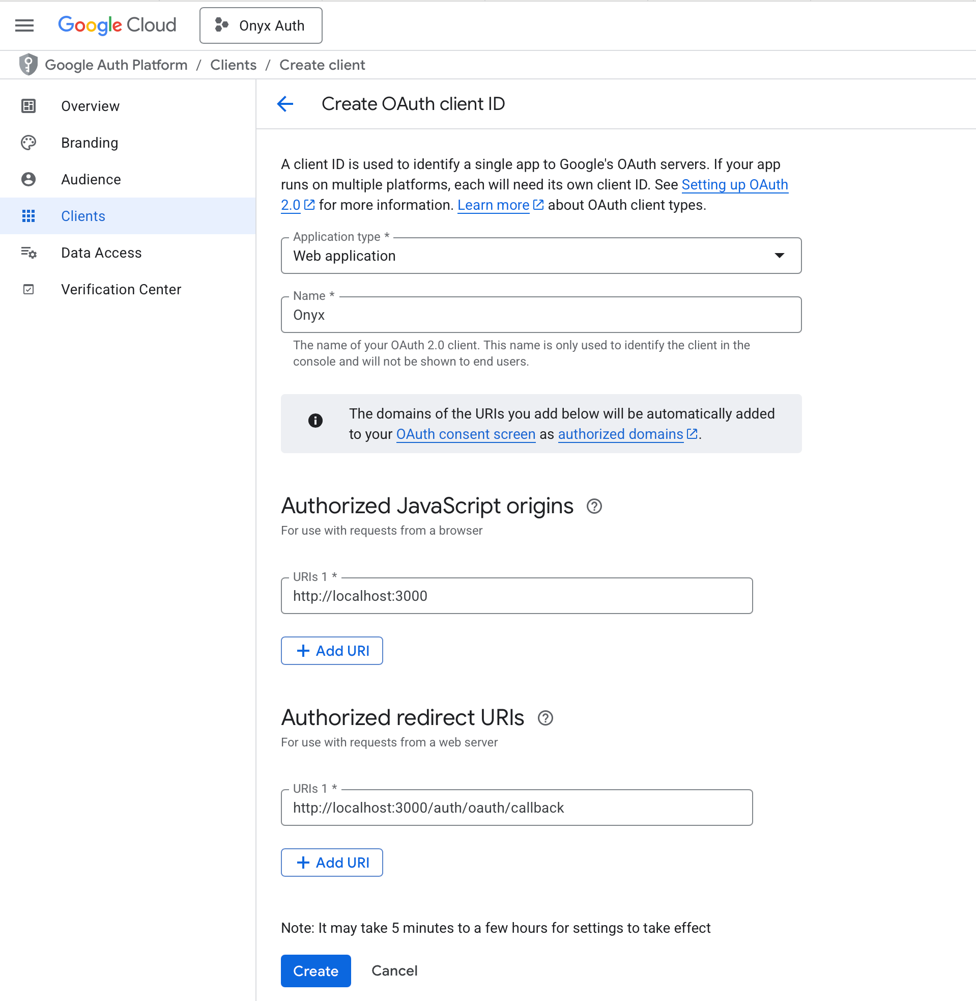 Google Cloud Console OAuth Client Creation Page