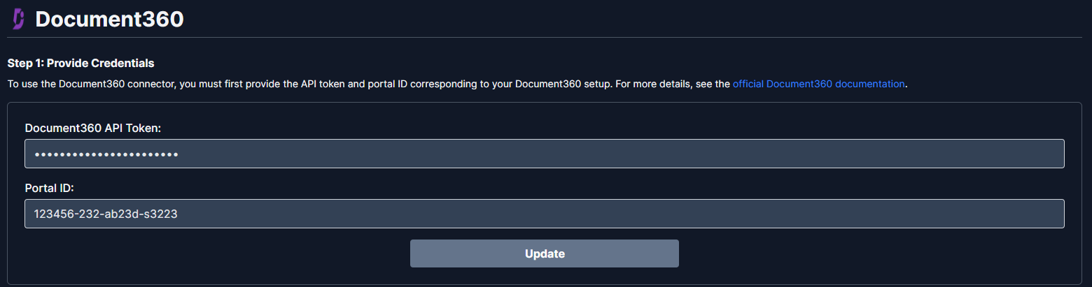 Document360 connector authentication with Portal ID and API Key