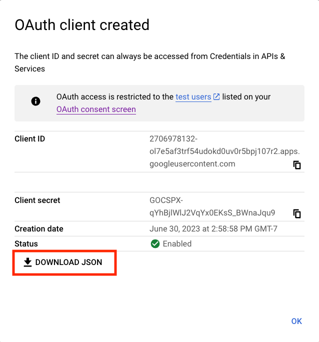 The Google Cloud console dialog after creating an OAuth client, with the Download JSON option