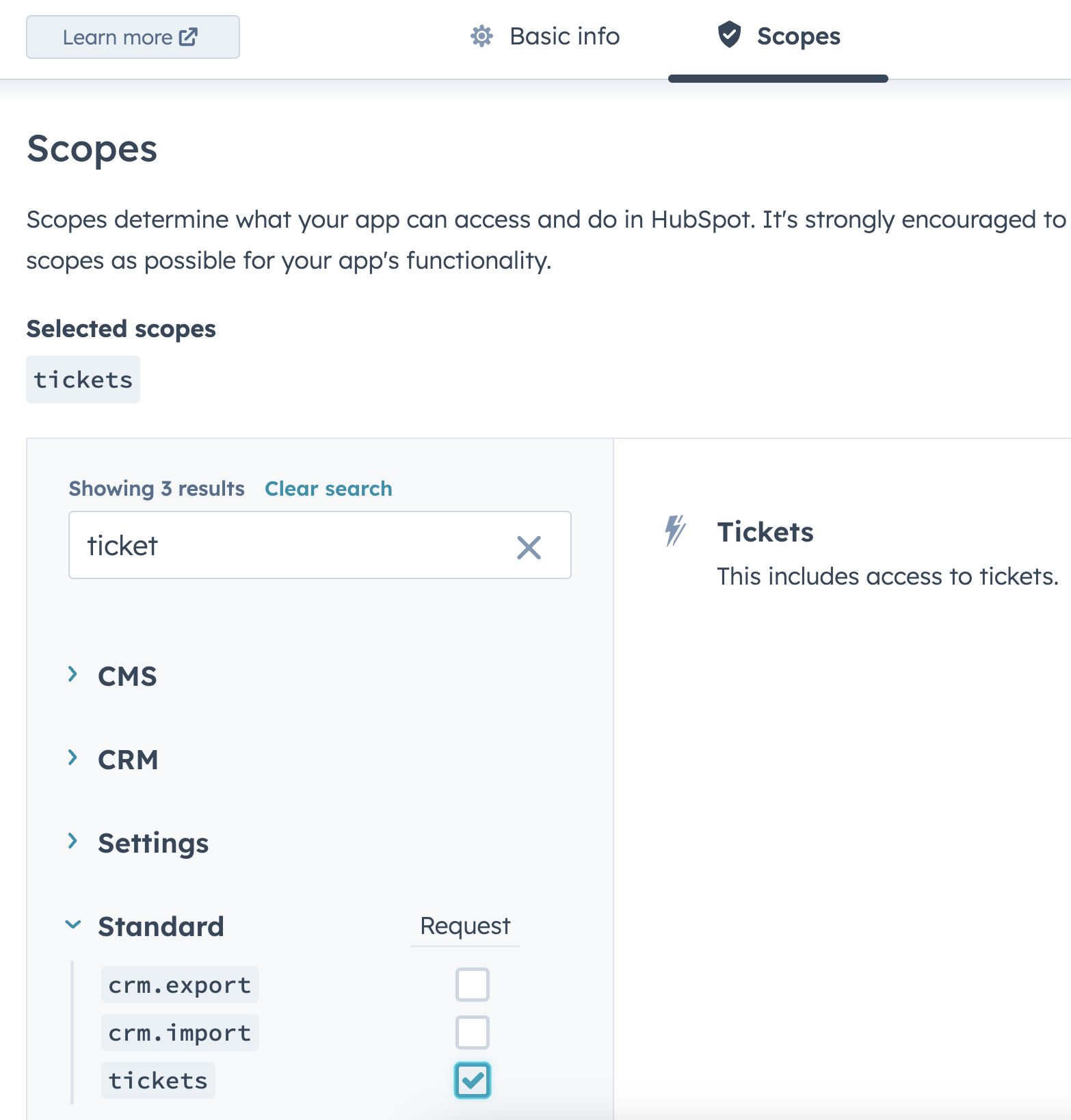 Selecting HubSpot OAuth scopes for Contacts, Companies, Deals, and Tickets