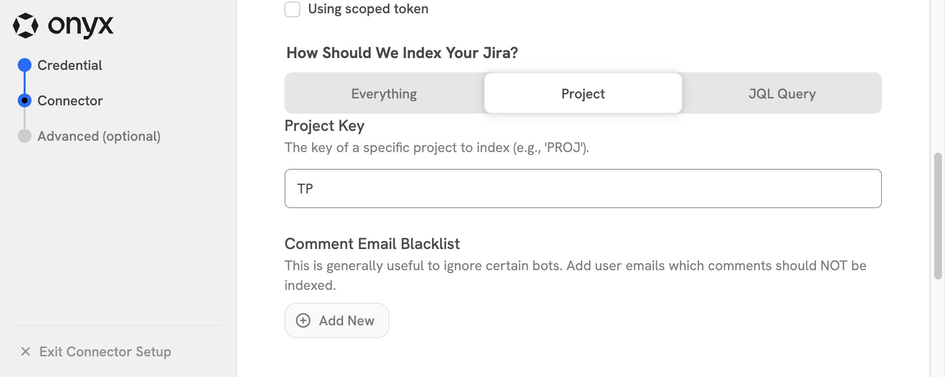 Jira connector indexing modes, project key, and comment email blacklist