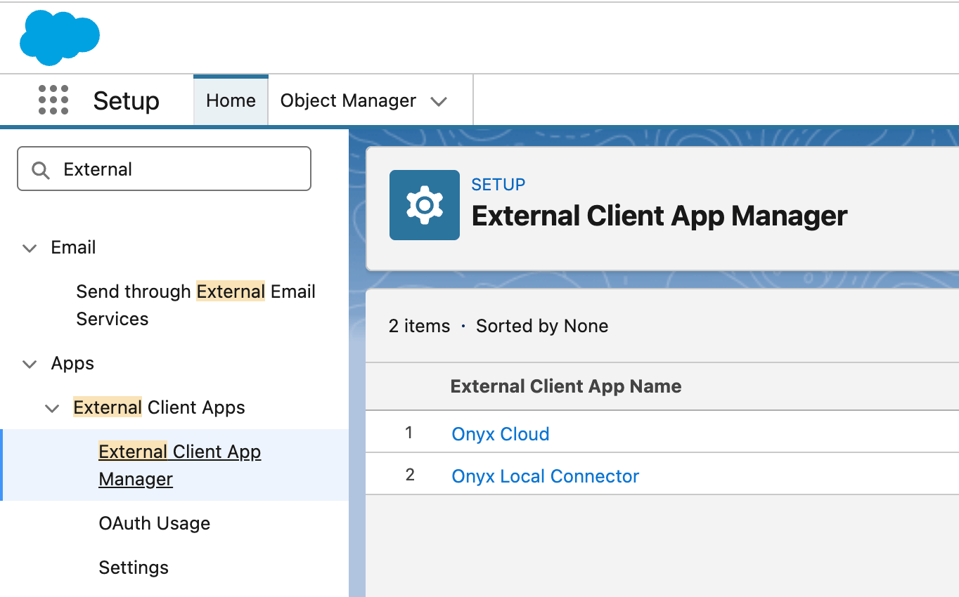 External Client App Manager in Salesforce Setup, reached by searching for External in Quick Find