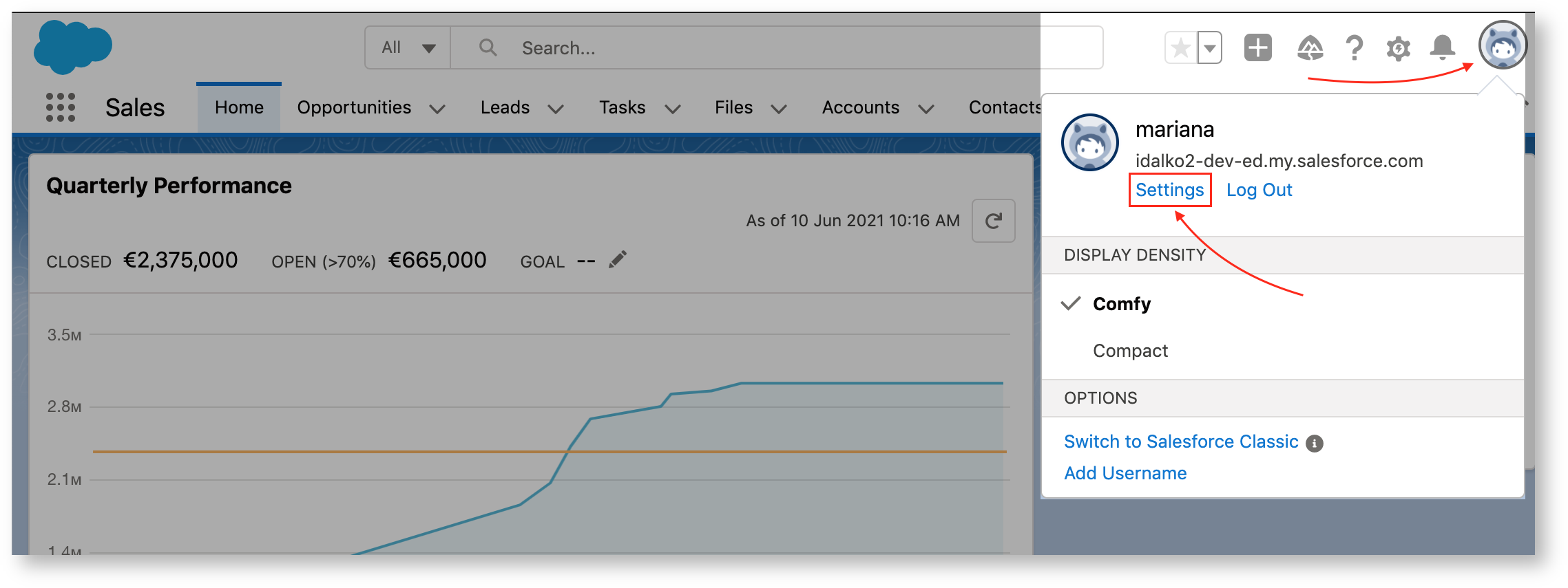 The Salesforce avatar menu, with Settings highlighted