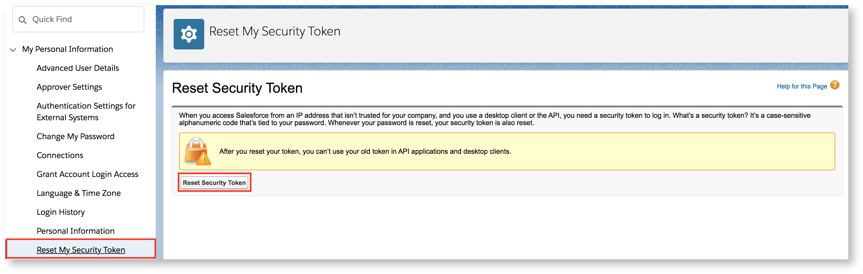 The Reset My Security Token page in Salesforce personal settings