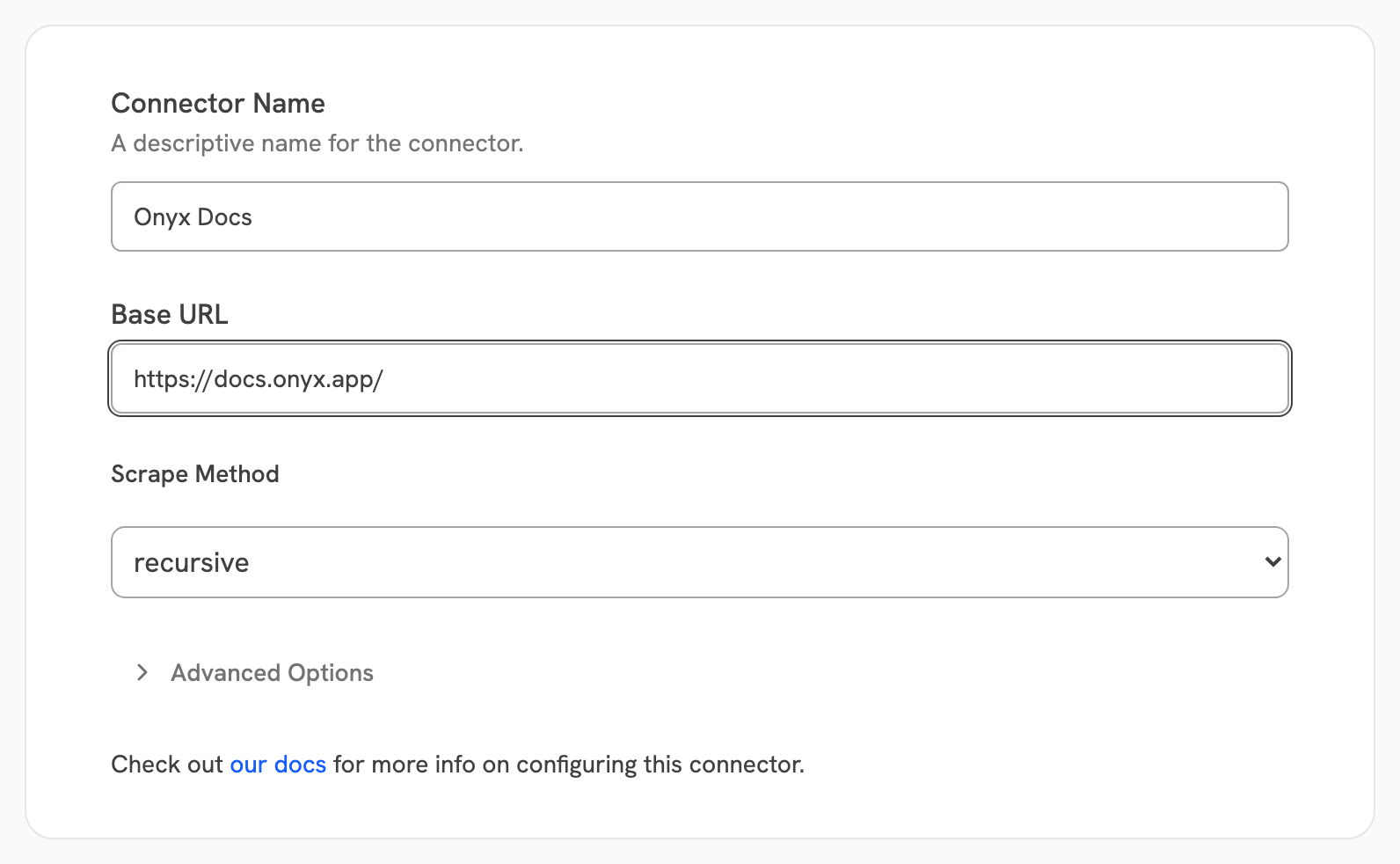 Onyx Web connector form with a base URL and the recursive scrape method