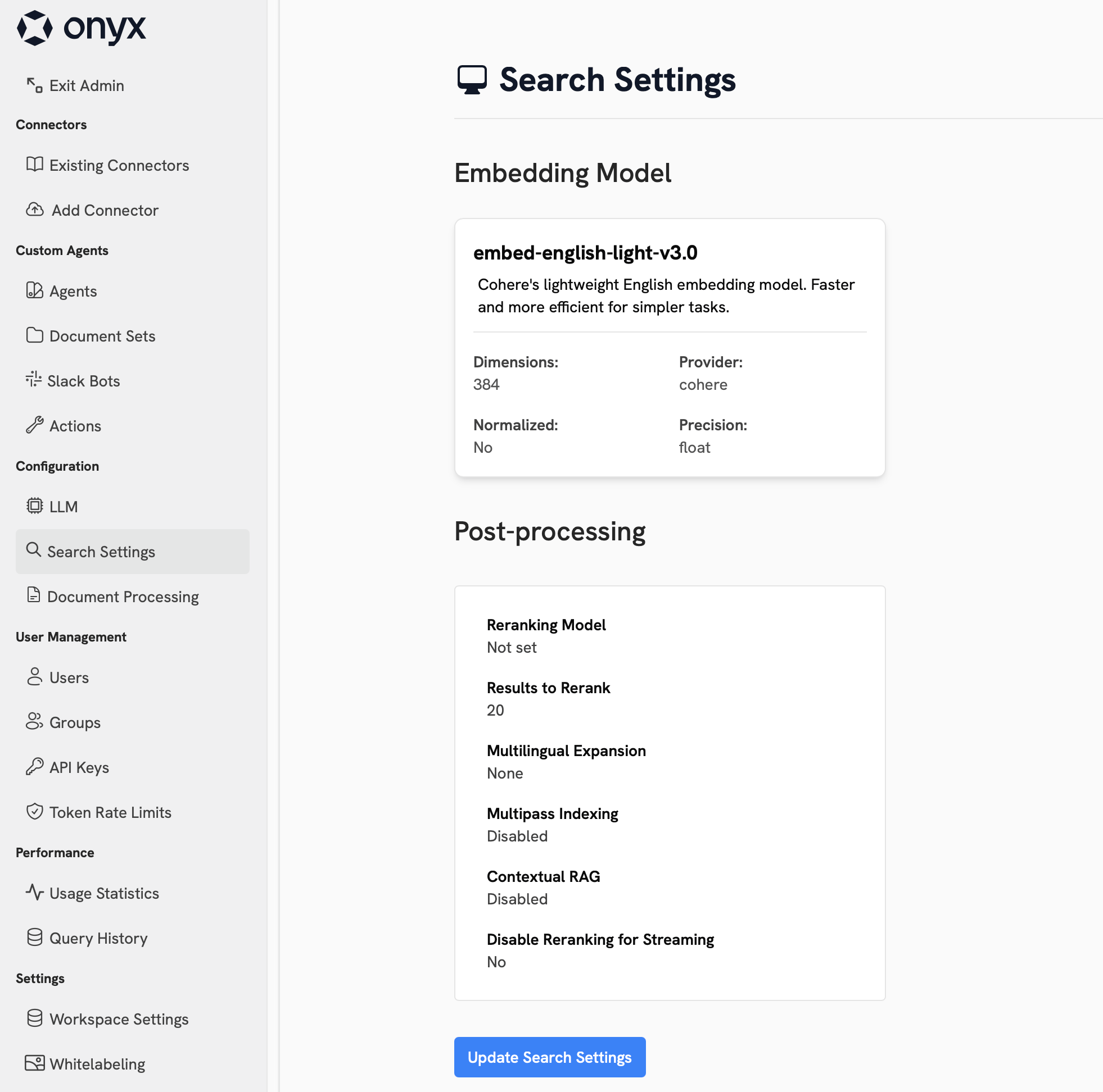 Search settings overview page